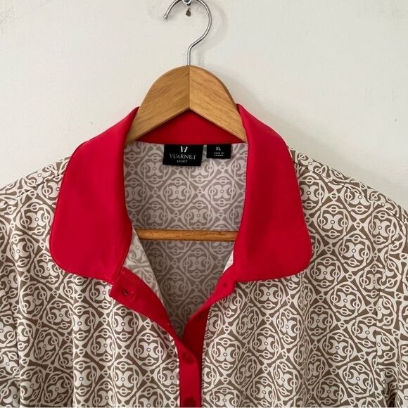Vuarnet Sport Tan Cream Geometric Print "Palace on the Prairie" Golf Polo Shirt - Picture 6 of 7